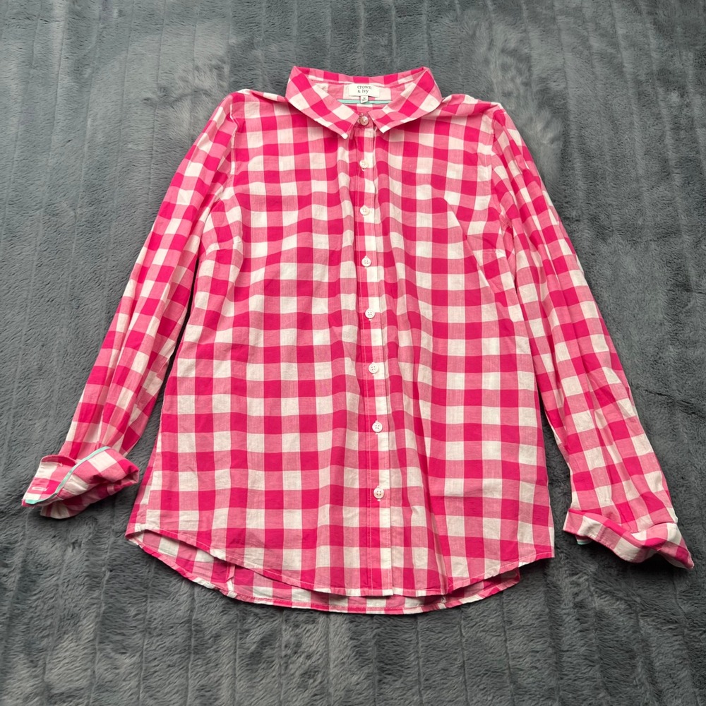 Crown & Ivy Pink White Gingham Cotton Button Down Shirt Long Sleeve Womens M